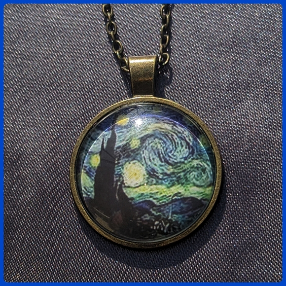 5/$25 Starry night resin glass pendant necklace new in bag, antique bronze color - Picture 1 of 3